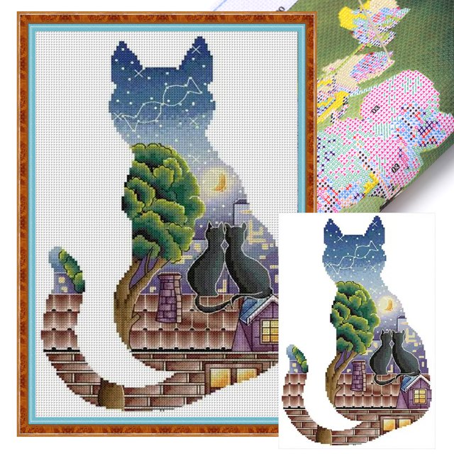 Hilo de Bordar Ecológico Wdftyju Kit de Punto de Cruz con Luz de Gato Impreso 14CT 25x36cm