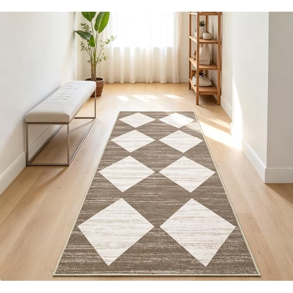 2x6 Washable Checkered Runner Rug, Low Pile Faux Wool Runner with Non-Slip TPR Backing, Distressed Trellis Carpet for Kitchen, Entryway, Hallway, Bedroom,brown