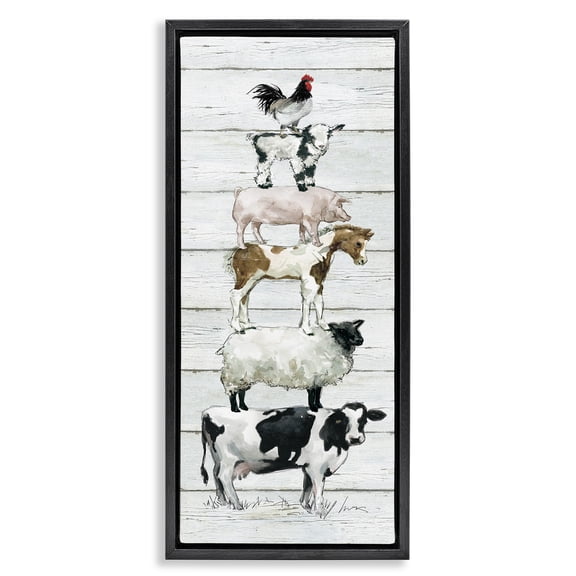 Stupell Industries Country Farm Animal Stack Animals & Insects Painting Black Floater Framed Canvas Art Print Wall Art, 11 x 25