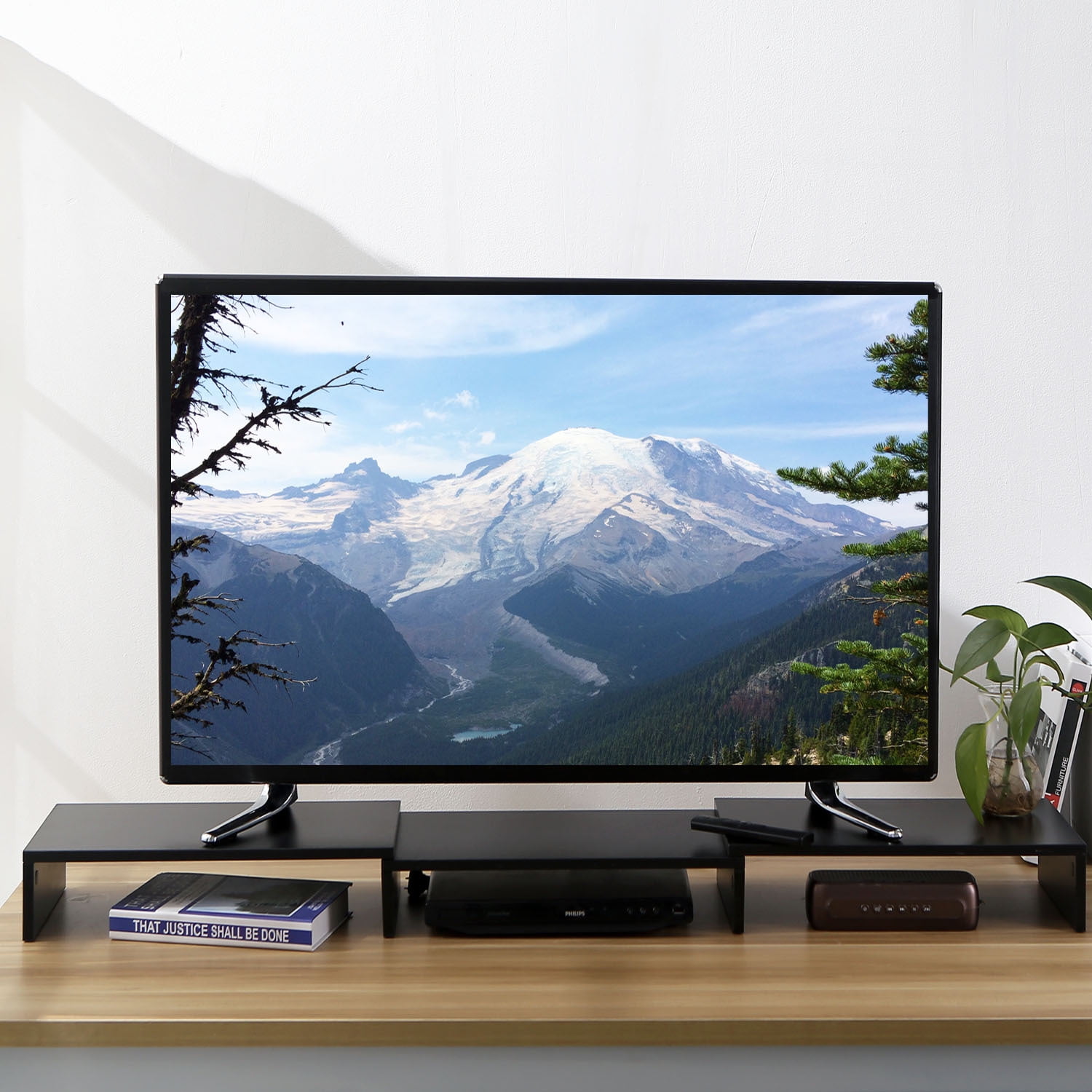 TAVR Furniture Dual Monitor Stand Riser Extra Long 43.3" Fit for 2 Monitors, Adjustable Length with Swivel Angle & 3 Shelves, Wood, Black