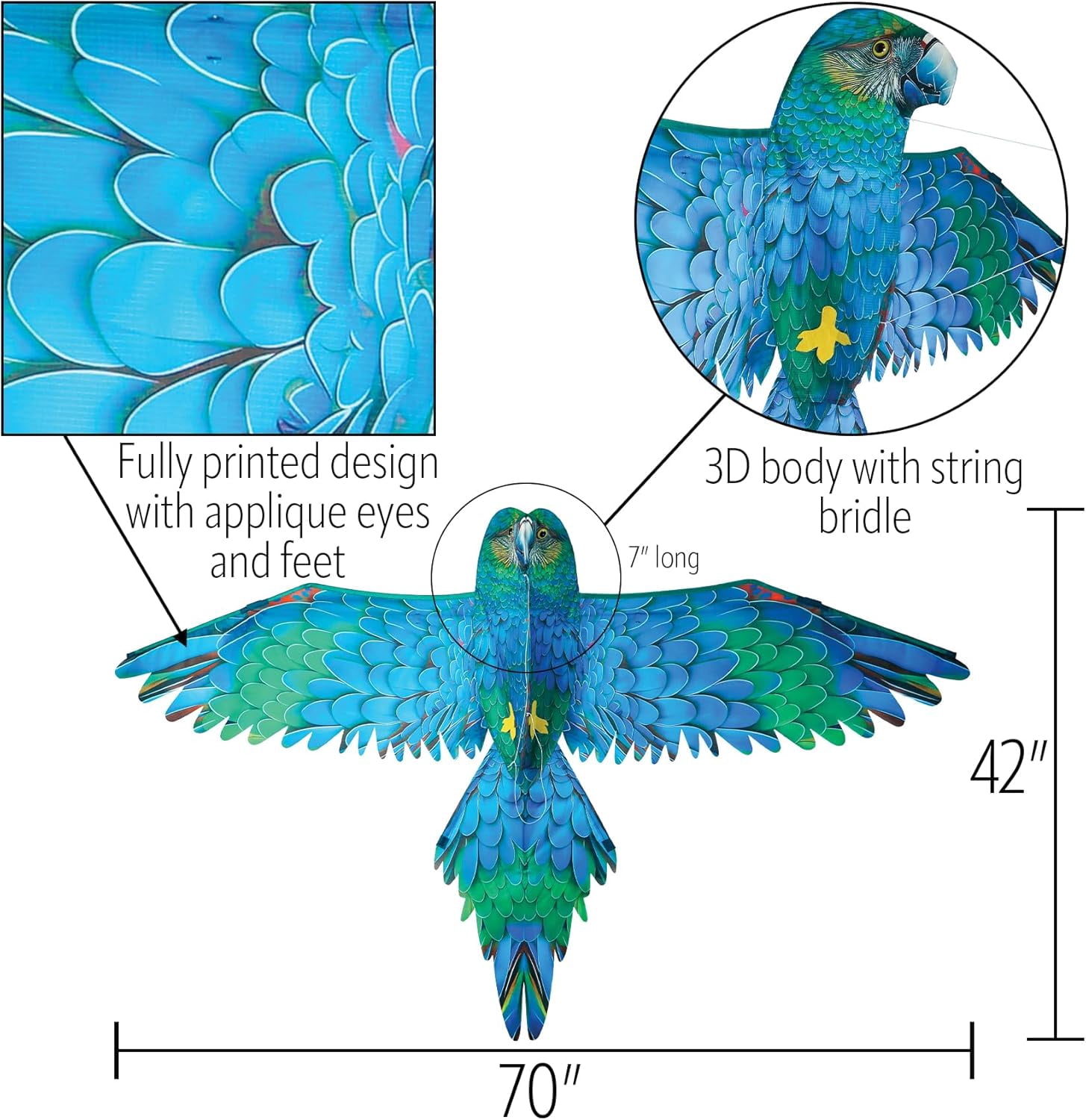 In the Breeze 3509 — 3D Blue Parrot Kite — Colorful-Printed Bird Kite; Kite Line and Reusable Bag Included
