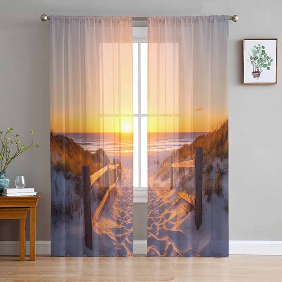 Summer Beach Sheer Curtains 63 Inch Length 2 Panels Set for Living Room/Bedroom, Sunset Nautical Ocean Sea Semi Curtain Sheers Drapes Rod Pocket Curtains Window Treatment Set 52''x63''x2