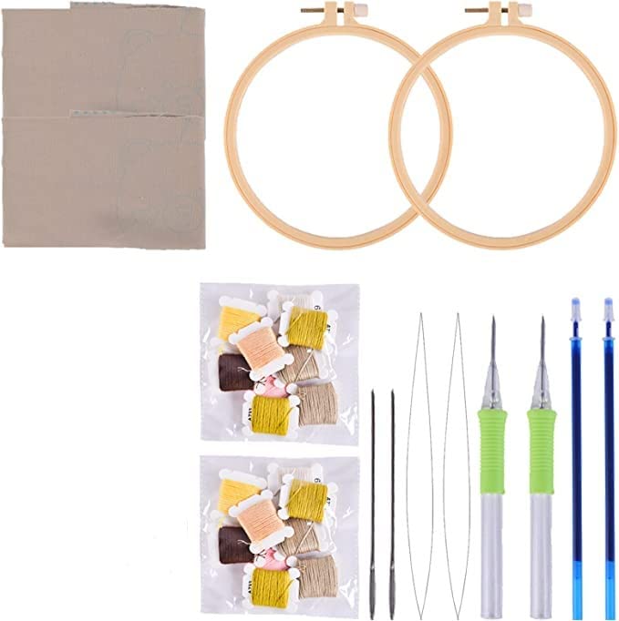 2 Pack Easy Smaller Size DIY Craft Punch Needle Embroidery Kits Rug for Hooking Beginner Kits with Stamped Color Pattern with Embroidery Pen,15cm Plastic Hoop (Mushroom,Panda)