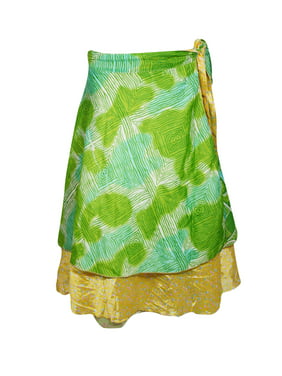 Mogul Women Green Yellow Silk Sari Wrap Skirt Two Layer Vintage Printed Beach Bikini Cover Up Resort Wear Sarong Dress