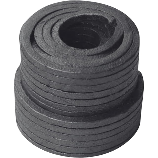empaque grafitado 3/8 5kg por caja p.h. de 4-10 trenzado normal fabricado de hilo de asbesto blanco íntegramente impregnado con lubricante de petrolato y grafito vista frontal de rollos apilados de empaquetadura negra con hueco central y textura trenzada visible; para vástagos y aplicaciones recíprocas o rotativas, peso 5 kg, largo 35 m, uso en estoperos hasta 260°C, suele usarse también para sellos en maquinaria ligera.