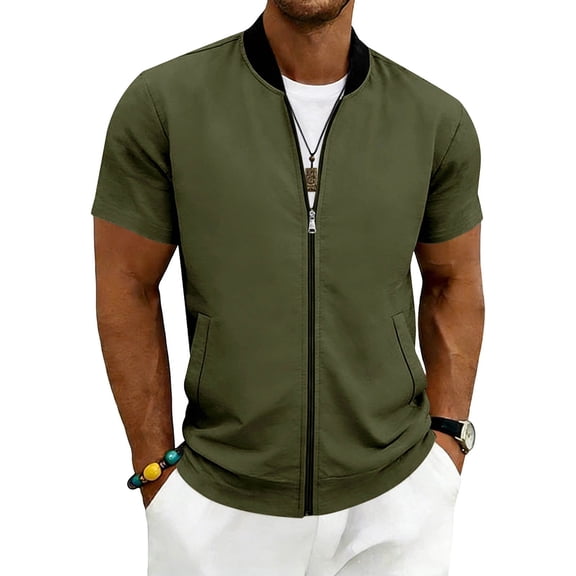 Mens Short Sleeve Bomber Jackets Zip up Stand Collar Baseball Varsity Lightweight Athletic Sporty Outerwear Top