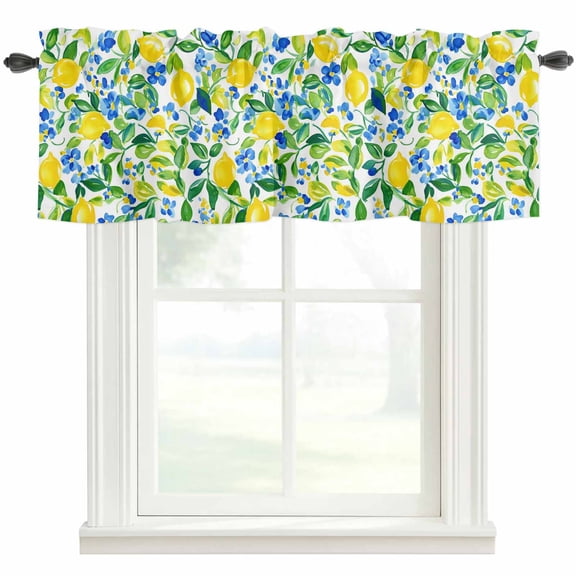 Lemon Blue Floral Leaf Window Valance Curtain Wildflowers Plant Rod Pocket Short Curtain for Living Room, Bedroom & Kitchen Window Decor 54x18in