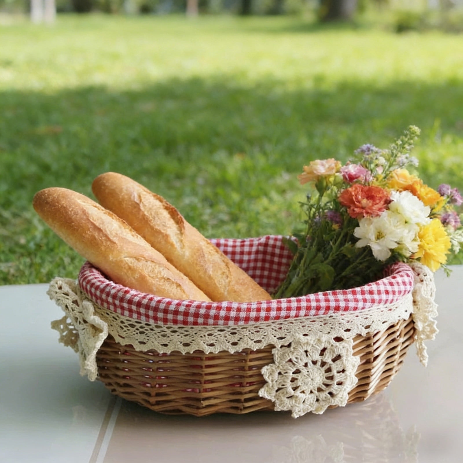 Lace Trimmed Easter Basket Handwoven Gingham Lining Storage for Egg Home Picnics Farmhouse Style Spring Decor Basket