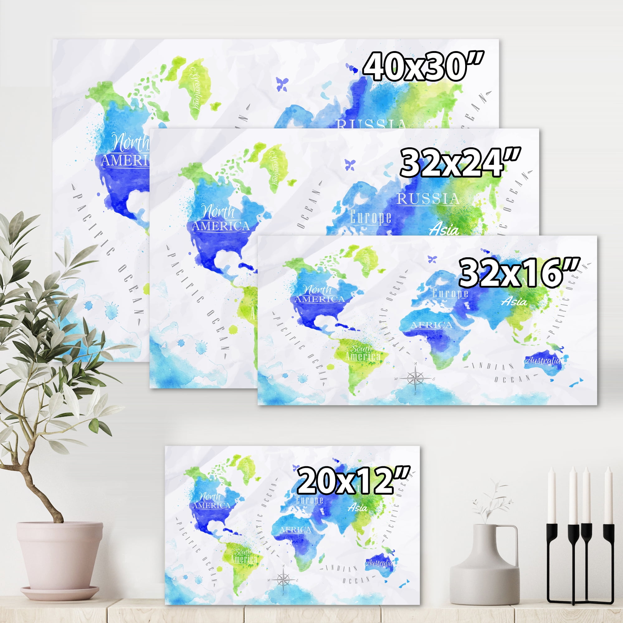 Designart ' World Map In Blue and Green ' Modern Canvas Wall Art Print