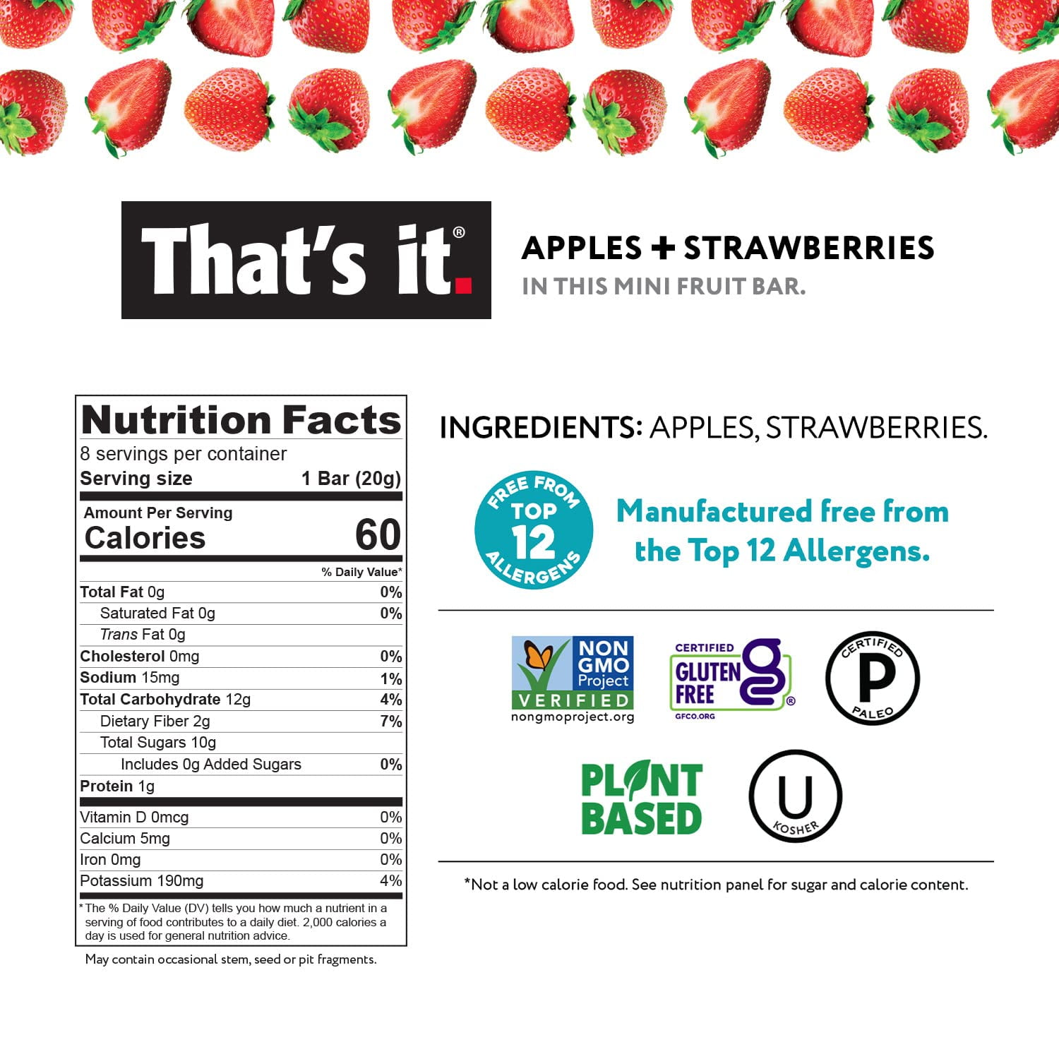 That's it. Mini Fruit Bars (Variety 24 PACK) No Sugar Added, Plant-Based, Vegan & Gluten Free, Breakfast Bar, Paleo, for Children & Adults, Non GMO, Fiber (8 Blueberry, 8 Strawberry, 8 Mango)