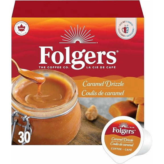 Folgers Caramel Drizzle Flavoured Light Roast Coffee PODS 30 COUNT ( 1 Pack )