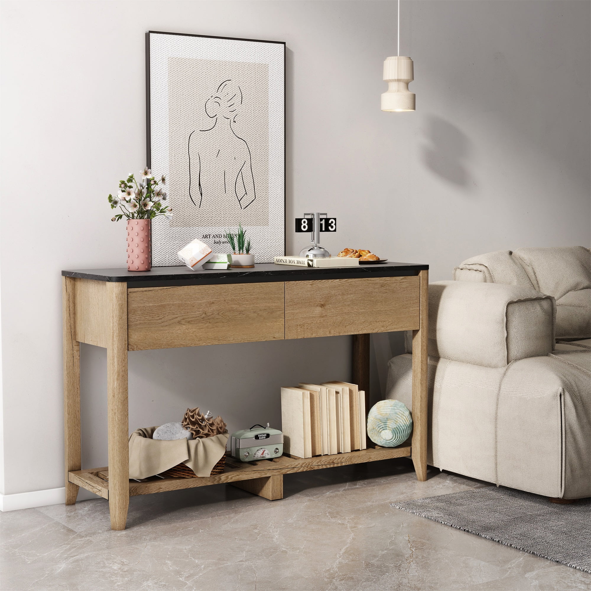 Kepooman Farmhouse Double Drawers Console Table for Living Room or Entryway, Tobacco Wood and Black Marble Texture Kepooman Farmhouse Double Drawers Console Table for Living Room or Entryway, Tobacco Wood and Black Marble Texture