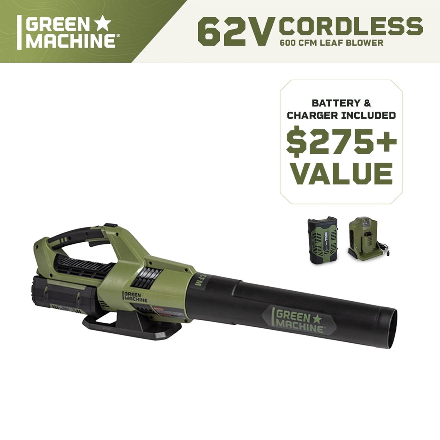 Green Machine 62V Cordless 600 CFM Leaf Blower with 4.0 Ah Battery and Rapid Charger