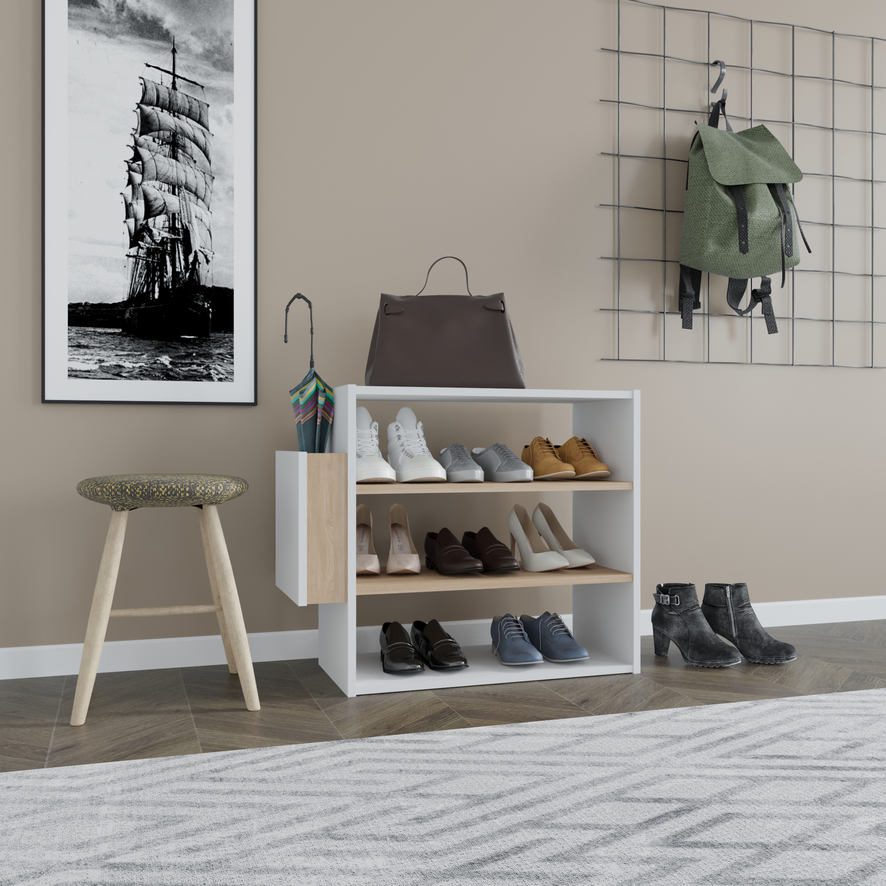 Ada Home Decor Furniture 3 Tier 9 Pair White Oak Manila Modern Shoe Rack