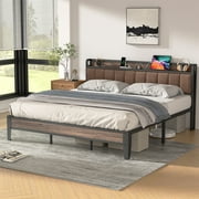 Lusimo King Bed Frame with Headboard and Charging Station, Modern Fabric Upholstered Metal Platform Bed Frame with Headboard Storage Shelf No Box Spring Needed, Brown