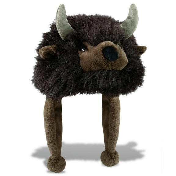 DolliBu Super Soft Buffalo Plush Hat - Winter Hat with Ear Flaps, Animal Hat Costume for Boys and Girls, Buffalo Hat Costume for Halloween, Cosplay Parties, Crazy Beanie Hat for Kids, Teens, Adults