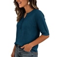 thumbnail image 5 of Womens Short Sleeve Sweater V Neck Lightweight Knit Spring Summer Tops Henley Button Blouses Blue M, 5 of 6