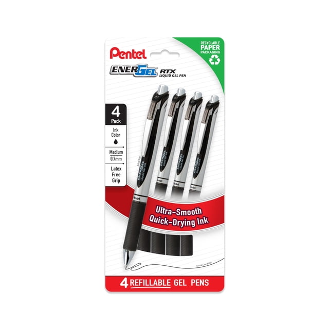 Bolígrafos de gel Pentel EnerGel RTX tinta negra 0,7 mm, paquete de 4