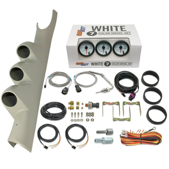 GlowShift | 3rd Gen 2003-2009 Dodge Ram 24 Valve Cummins Taupe Triple Pillar Pod with White 7 Color Series 60 PSI Boost Gauge, 1500 Pyrometer EGT Gauge & 30 PSI Fuel Pressure Gauge
