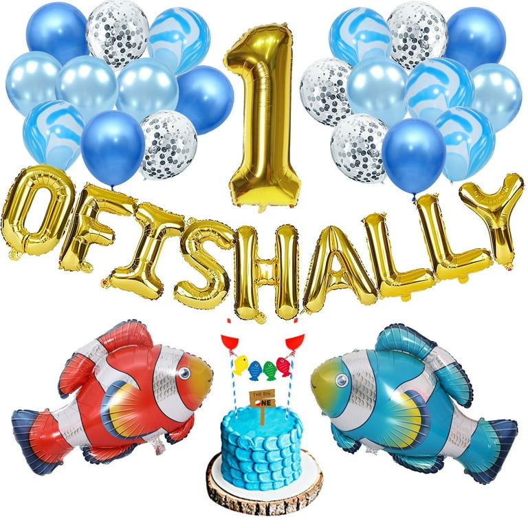 O FISH ALLY Fishing Theme 1st Birthday Decorations Cartoon Fish Balloons  Cake Topper Number 1 Foil Balloons for Boys 1 Years Old Birthday Supplies