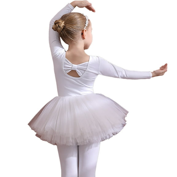 XBASW Toddler Kids Leotards Gymnastics for Girls Toddler Dance Tutu Dress with Bow Back Long/Short Sleeve Tutu Skirt Practice Clothing 3-11Y