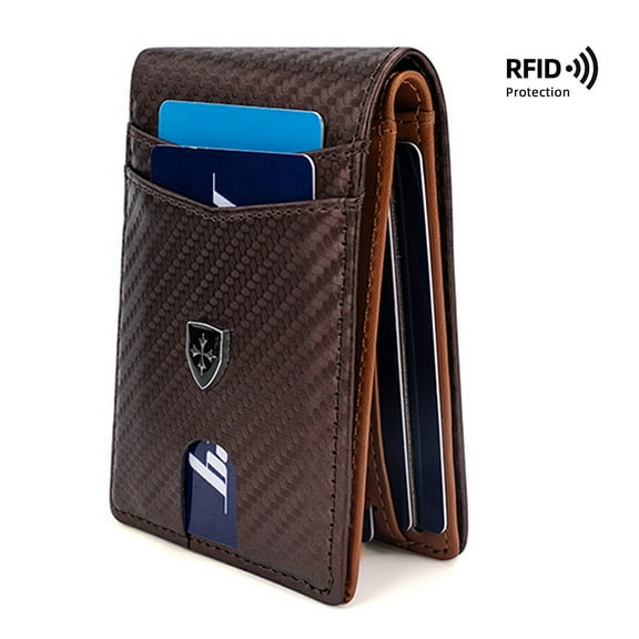 Slim, carbon orange leather wallet with RFID protection. Features 11 card slots, an ID window, and a detachable money clip. Perfect minimalist, front-pocket gift for men