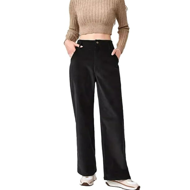 Pantalones anchos de pana vintage para mujer: cintura alta, parte trasera elástica, bolsillos laterales, corte recto para ropa informal