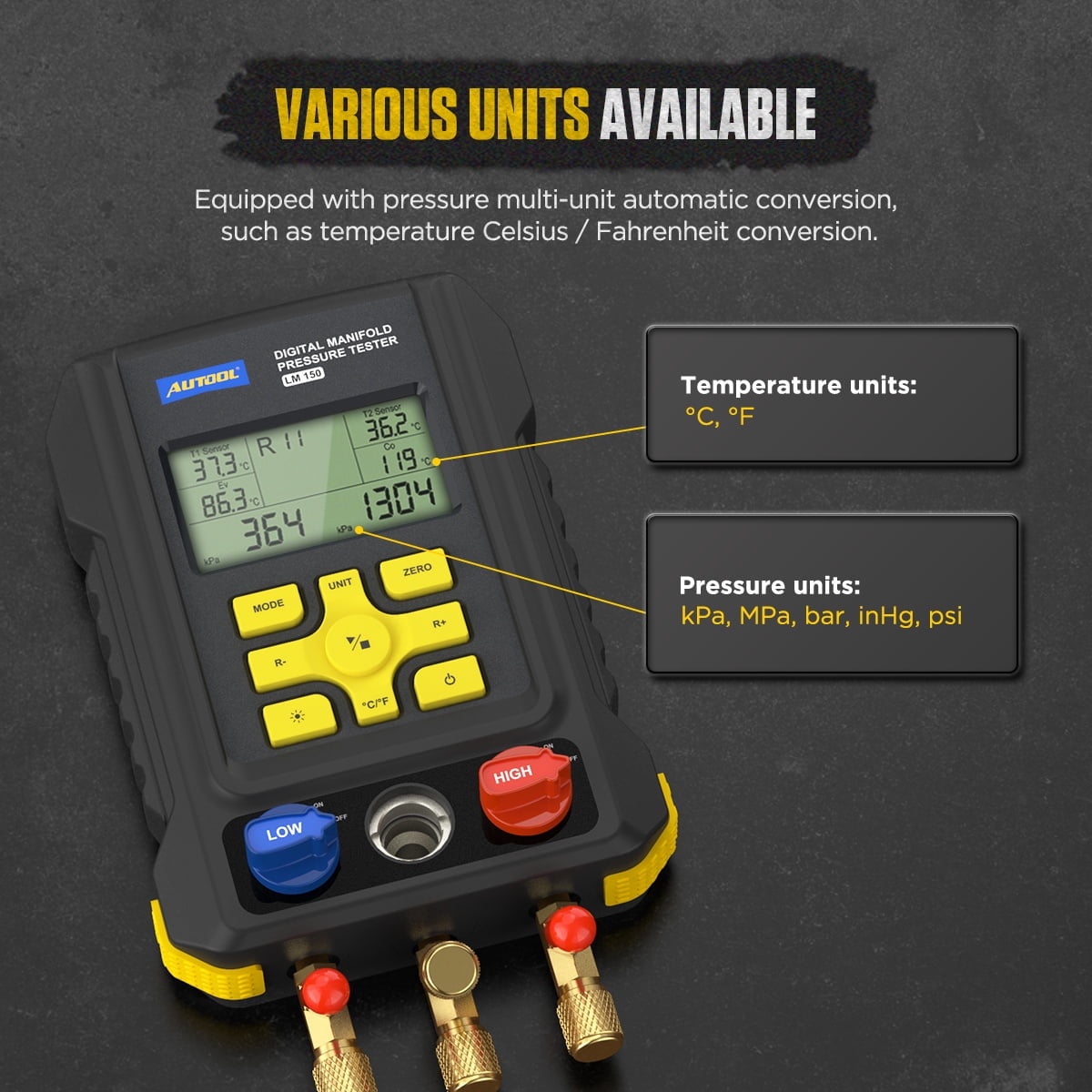 AUTOOL HVAC Refrigeration Digital Manifold Gauge Kit Vacuum Pressure Gauge Set Air-Conditioning Refrigerator Leak Detector W/ 93 Types R134a R410a Refrigerant ect, LM150