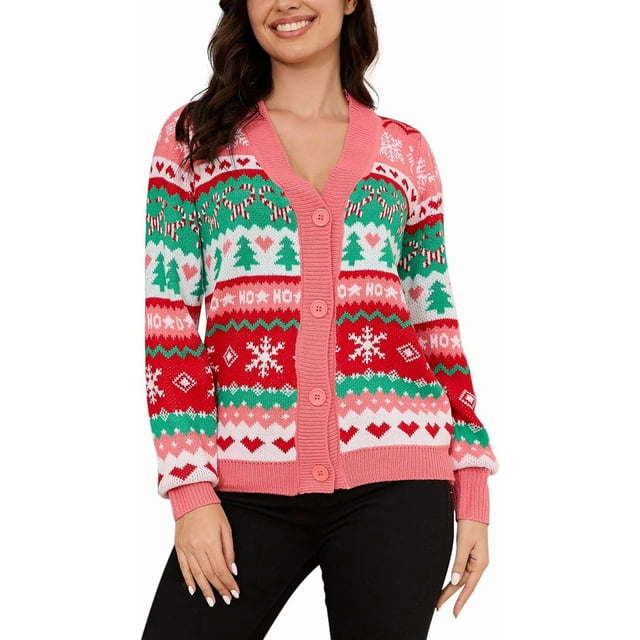 VENTELAN Classic Cardigan Ugly Christmas Sweaters for Women V Neck Button Down Sweater with Fun Patterns and Animals,S-2XL