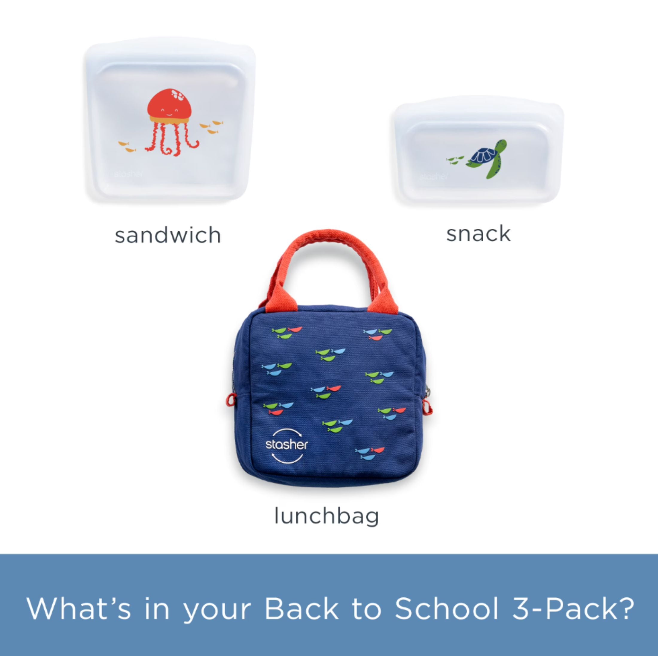 Stasher Back to School Collection: Premium Food-Grade Silicone Reusable Food Storage Bags & Lunch Bag, 3-Pack, Multi-Use, Lunch Bag, Leak-free, Dishwasher Safe, Eco-friendly