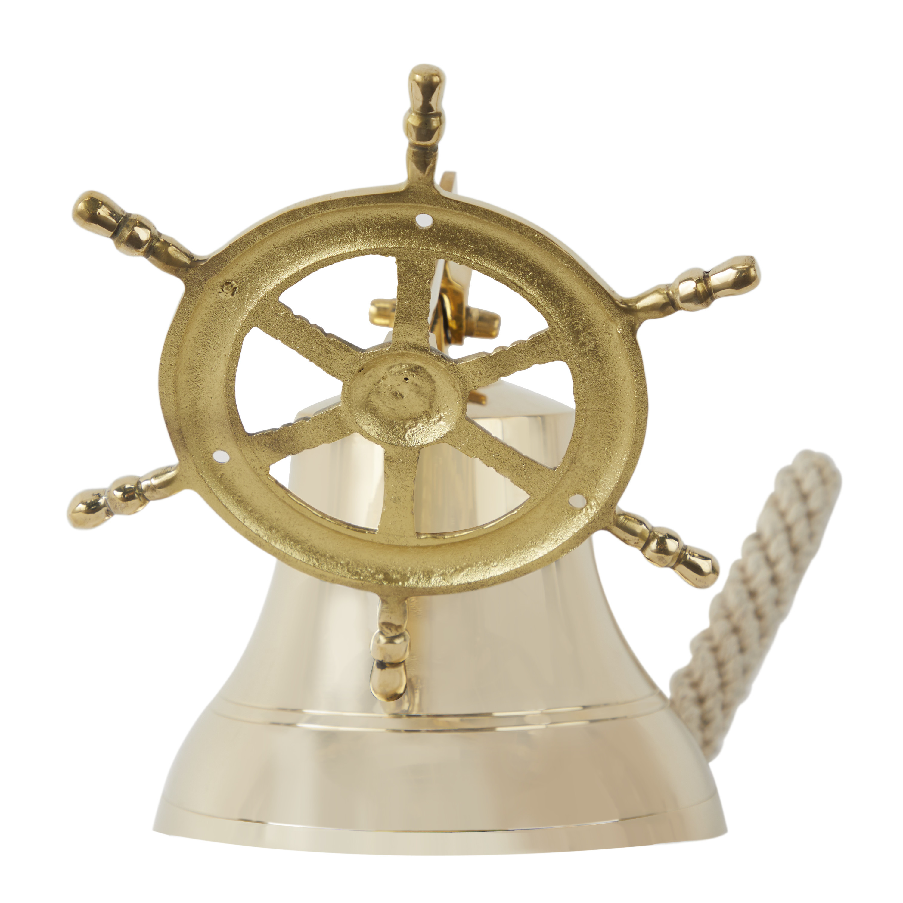 DecMode Gold Brass Bell Wall Decor with Ship wheel Backing