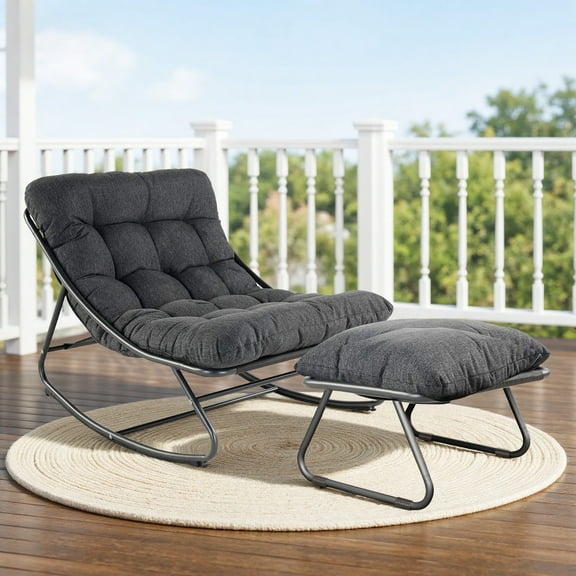 Lounge Rocking Chair, Outdoor/ Indoor Recliner Rocker, Relaxing Deck Chair with FootStool, Soft Cushion, for Garden, Patio, Load Capacity 350lbs, Dark Gray