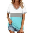 thumbnail image 3 of Fanxing Womens V Neck Tshirts Oversized Summer Tops Trendy Color Block Short Sleeve Tee Shirts Patchwork Graphic Tees Light Blue,XXL, 3 of 6
