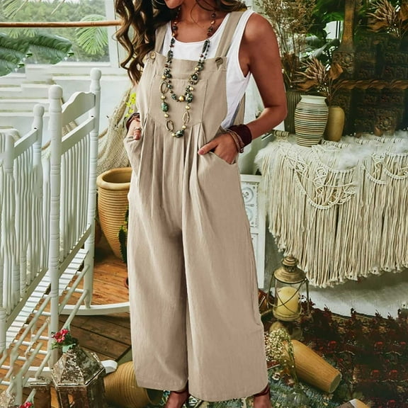 Babysbule Womens Overall Wide Leg Pants Women's Linen Cotton Solid Color Sleeveless Pocket Casual Side Button Jumpsuit