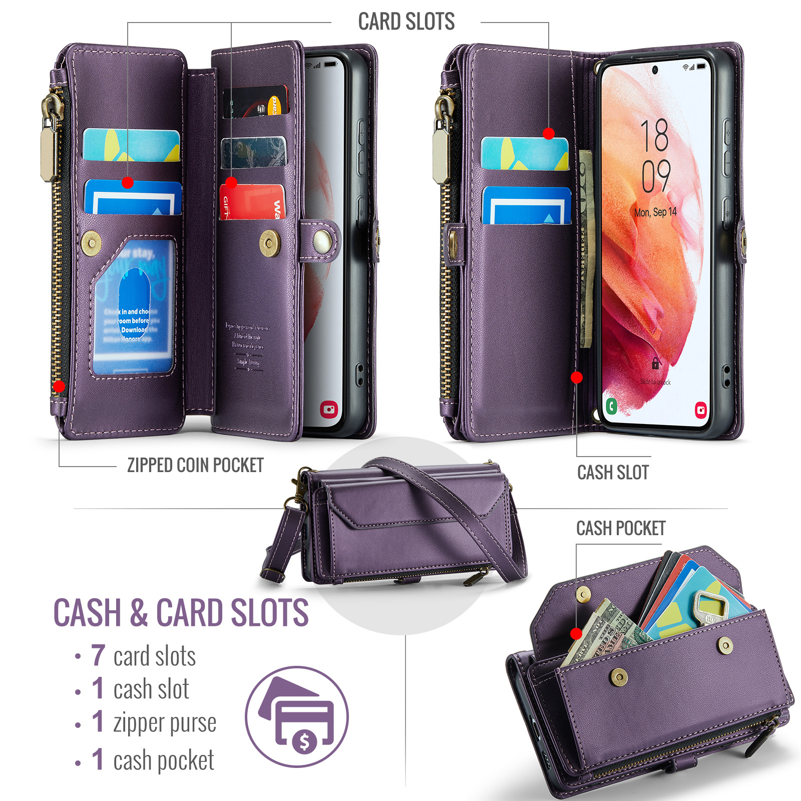 Asuwish Compatible with Samsung Galaxy S21 5G 6.2 inch Zipper Wallet Phone Case Tempered Glass Screen Protector Crossbody Lanyard Strap Flip Card Holder Slot Cell Cover for S 21 21S G5 Women Purple