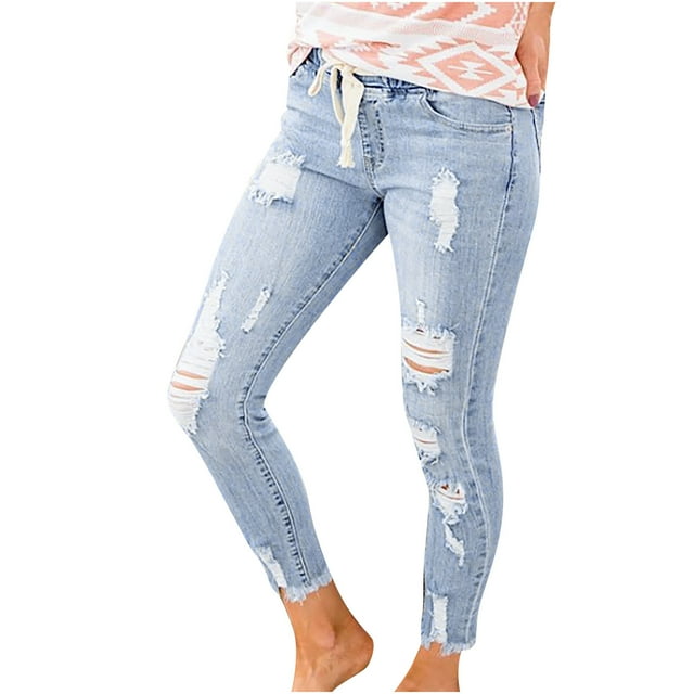 Bigersell Distressed Jeans Women Drawstring Elastic Waist Ankle Length Destroyed Hole Denim Pants Trousers with Pockets Mid Waist Ripped Jeans Taper Leg Jeans Blue XL