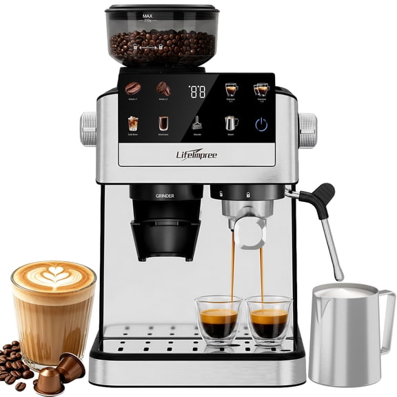 LifeImpree Espresso Machine with Grinder, 20 Bar Coffee Machine for Home with Powerful Milk Frother Steam Wand, 30 Grind Settings, 1550W Coffee Maker with Portafilter for Capsules