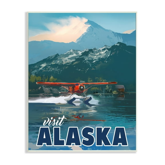 Stupell Industries Visit Alaska Seaplane Landing Snowy Mountain Scenery Graphic Art Unframed Art Print Wall Art, Design by David Owens Illustration