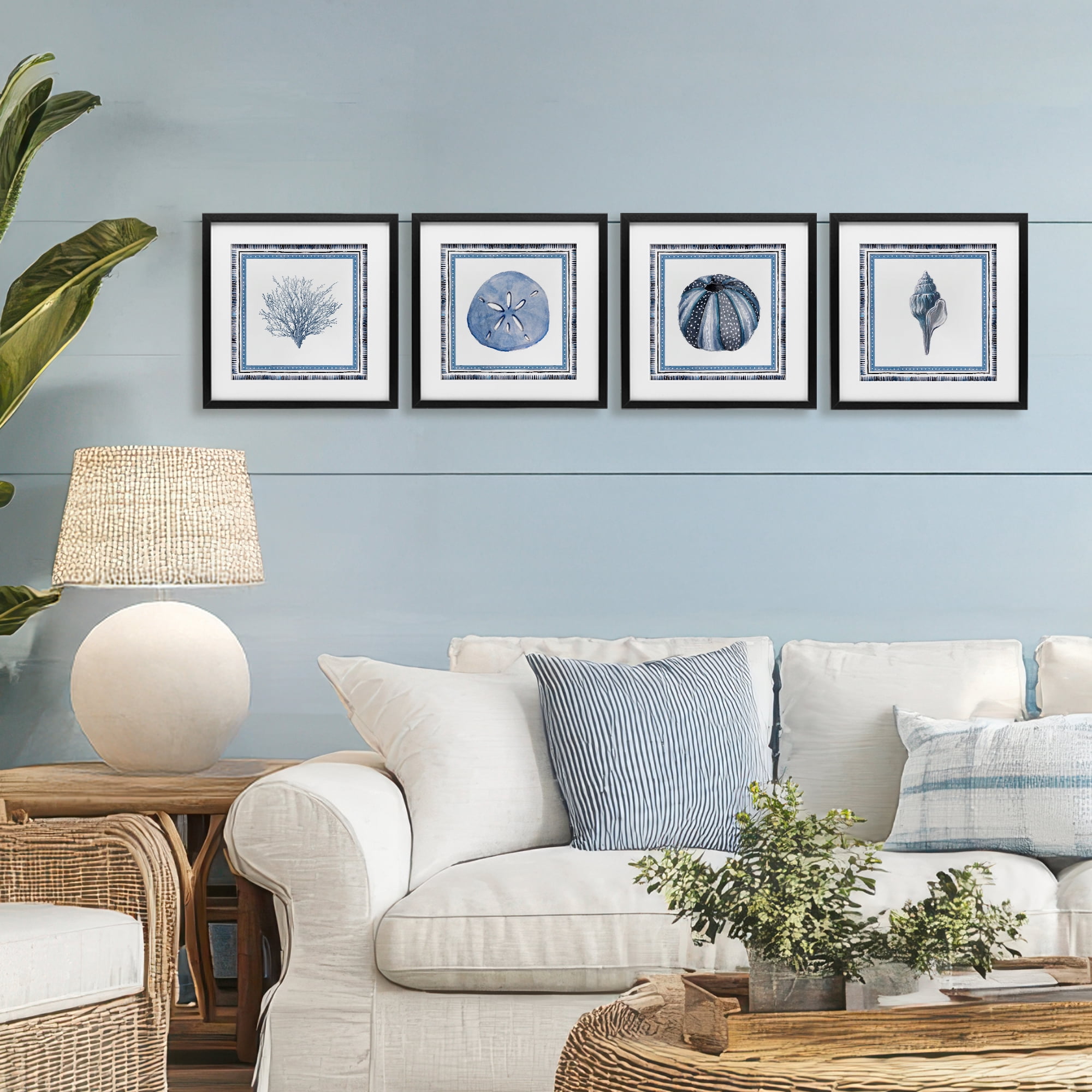 Stupell Industries Coastal Teal Bordered Coral 4 Piece Black Framed Print Under Glass Set, design by Lanie Loreth