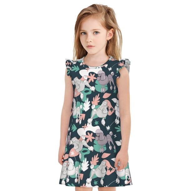 Fotbe Cute Poodle Dog Vestido de Dormir para Niñas de 3 a 10 Años, Mangas Cortas, Estilo Princesa, Pijama Camisón con Mangas Voladas-Large