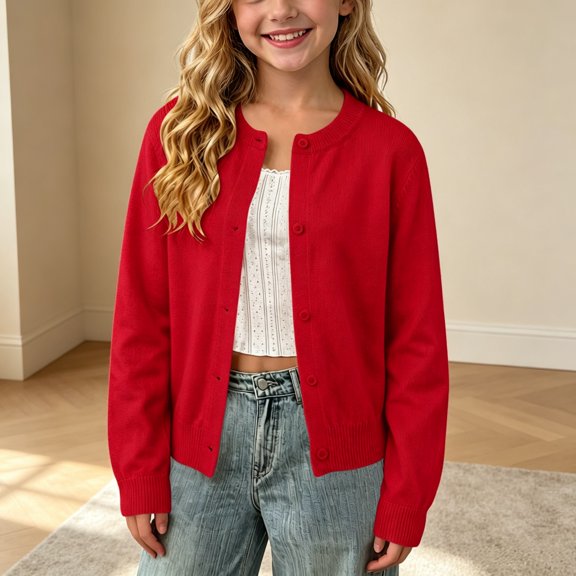 DAETIROS Girls Cotton Knit Cardigan Button Front Crew Neck Long Sleeve Solid Basic School Uniform Sweater