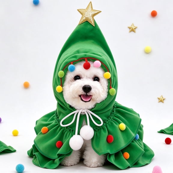 Christmas Tree Dog Costume, Hooded Pet Christmas Cape Outfit with Adjustable Tie - Soft Plush Holiday Wear for Cats & Small Dogs, Red
