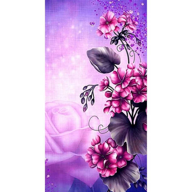 Cuadros Decorativos Pintura de diamante redondo completo de 18.0 x 34.0 in imagen de diamantes de imitación de flores rosadas y moradas Tmvgtek embutido en tela