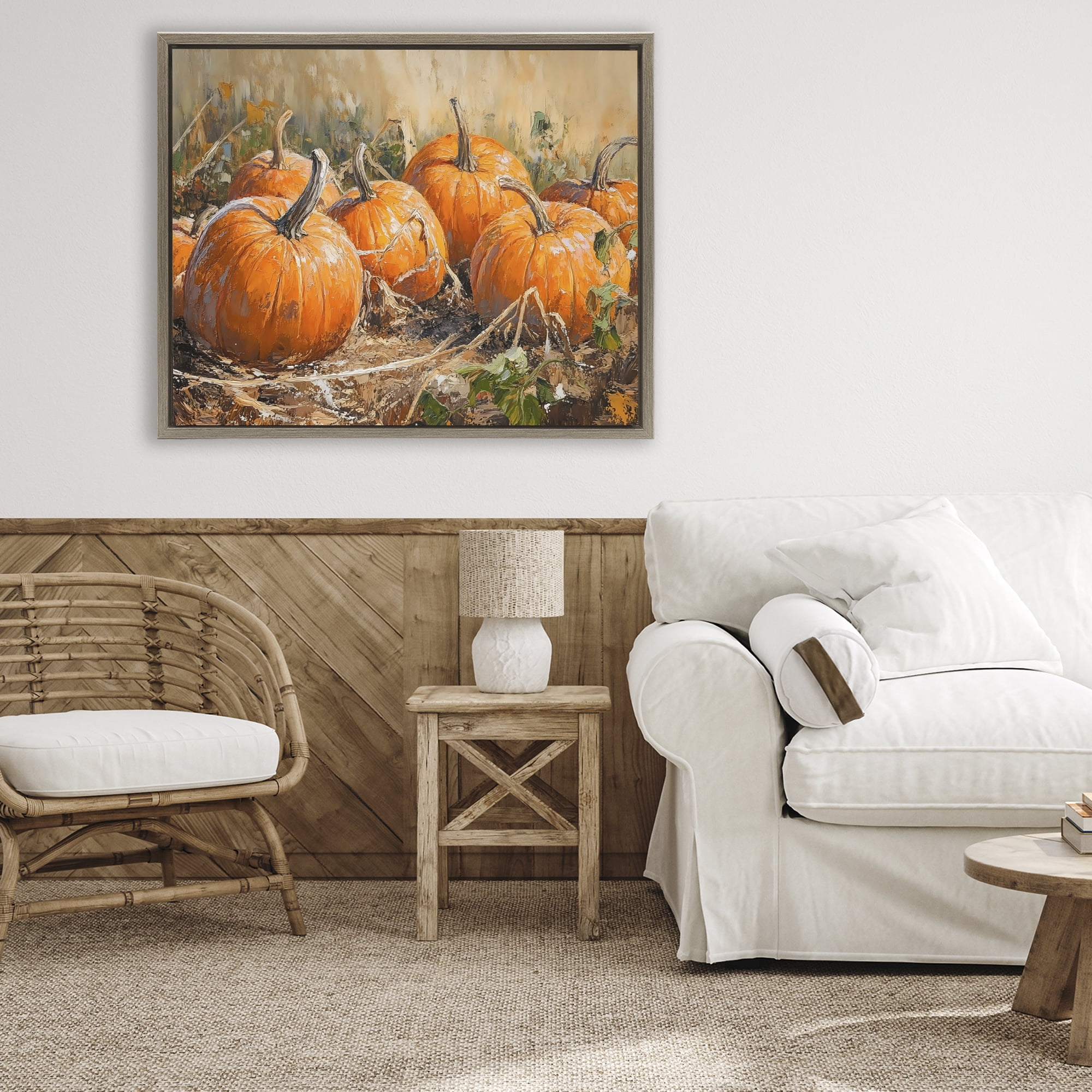 Stupell Industries Pumpkin Patch Autumn Harvest Scene Brown Framed Floater Canvas Wall Art, design by Nini Art