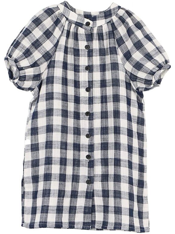 Little Girls Plaid Short Sleeeve Mandarin Collar Dress Summer Button Down Long Blouse Dresses 5-6 Years