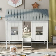 Euroco Wood Twin Size House Bed with Ladder for Kids Teens, Low Loft Bed, White