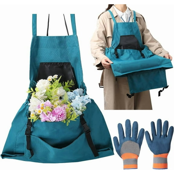 Garden Apron Set Green Cloth Water Washable Vegetable Harvesting Pouch Fruit Picking Bag with Quick Release Pocket Nylon Work Gloves for Gardening Harvest Men Women