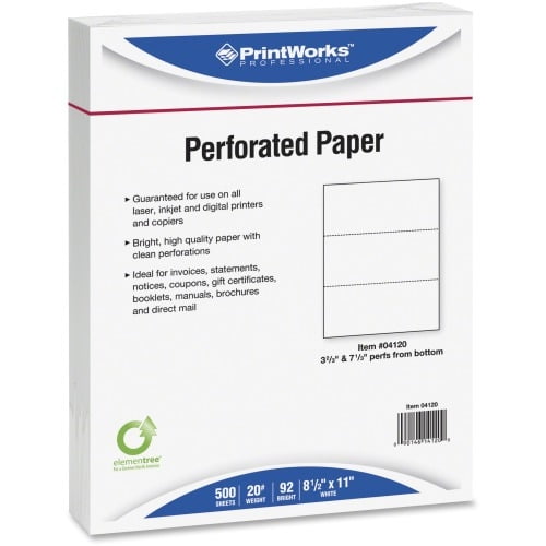 PrintWorks Professional Pre-Perforated Paper for Invoices, Statements, Gift Certificates & More Letter - 8 1/2' x 11' - 20 lb Basis Weight - 500 / Ream - White