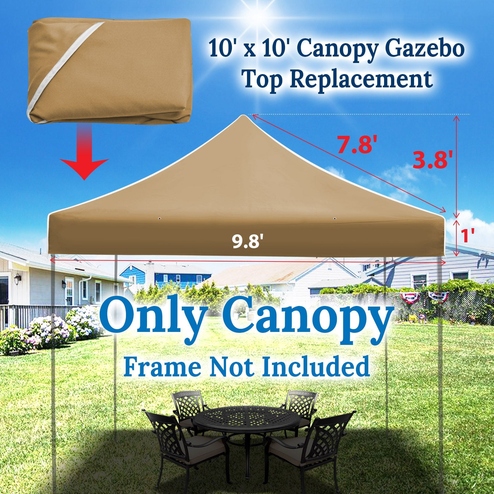 SUNNYOUTDOOR 10'x10' Canopy Replacement Top Cover for Pop Up Canopy Folding Tent Gazebo Sunshade Cover, Canopy ONLY (Tan)