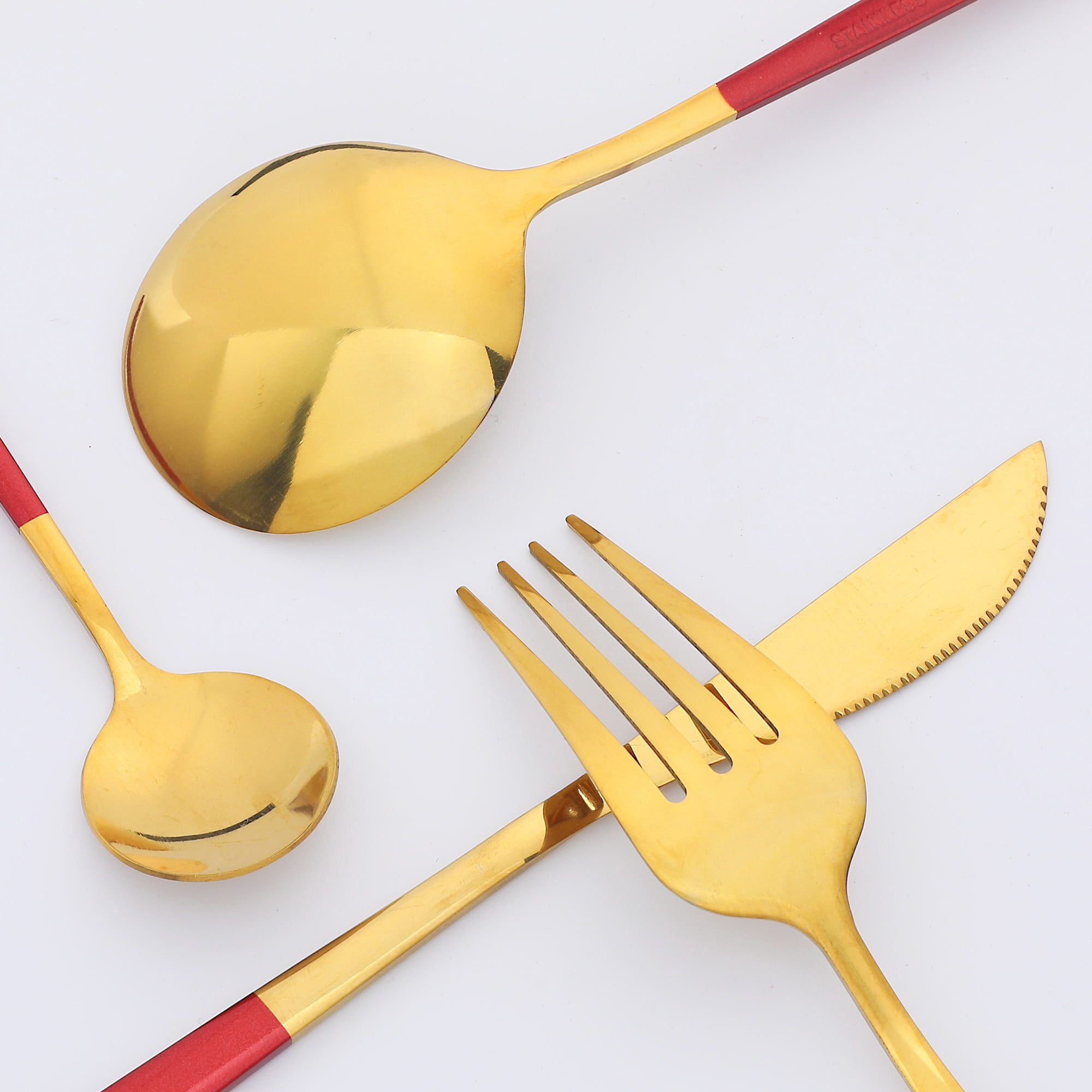 Unique Bargains 16 Pcs Stainless Steel Flatware Set Mirror Polished Cutlery Set Red